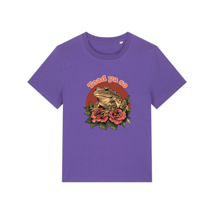 purple funny animal t-shirt with the graphic of a toad and the slogan 'toad ya so'