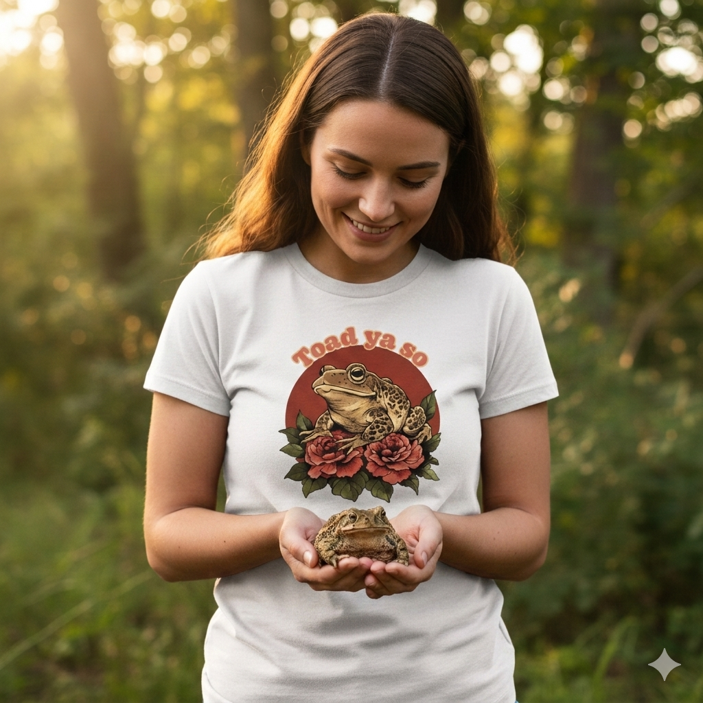 Woman wearing a t-shirt with a frog graphic and text, holding a frog in a forest setting