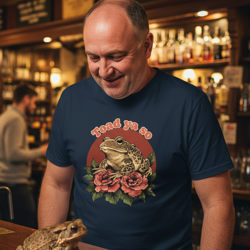 Man wearing a navy blue t-shirt with a frog graphic in a bar setting