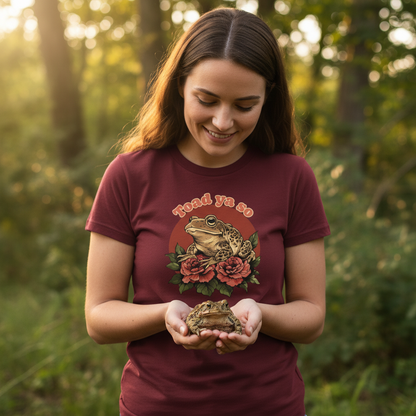 Woman holding a frog in a forest wearing a maroon t-shirt with a frog graphic.
