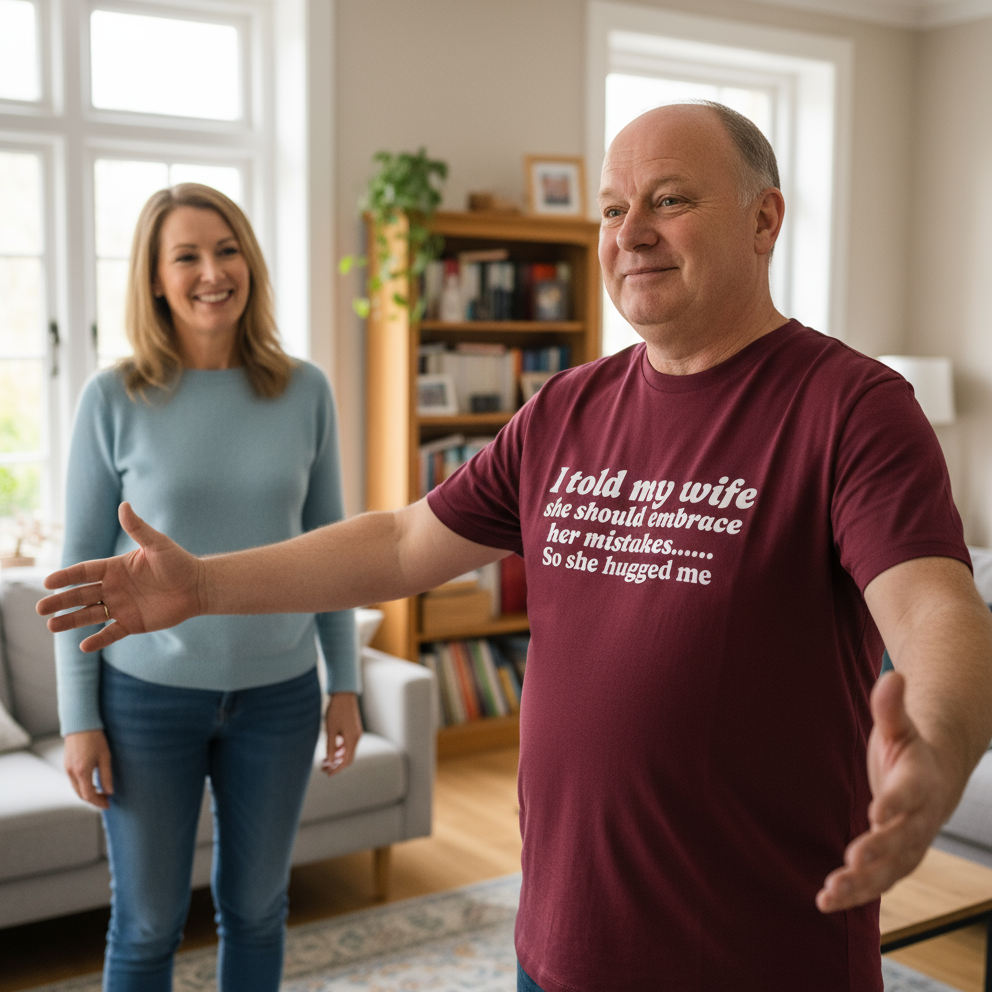 Man in a maroon t-shirt with text standing in a living room with a woman.