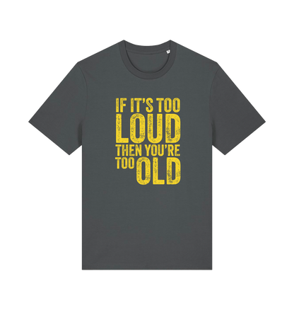 grey funny slogan t-shirt with 'if it's too loud then you're too old'