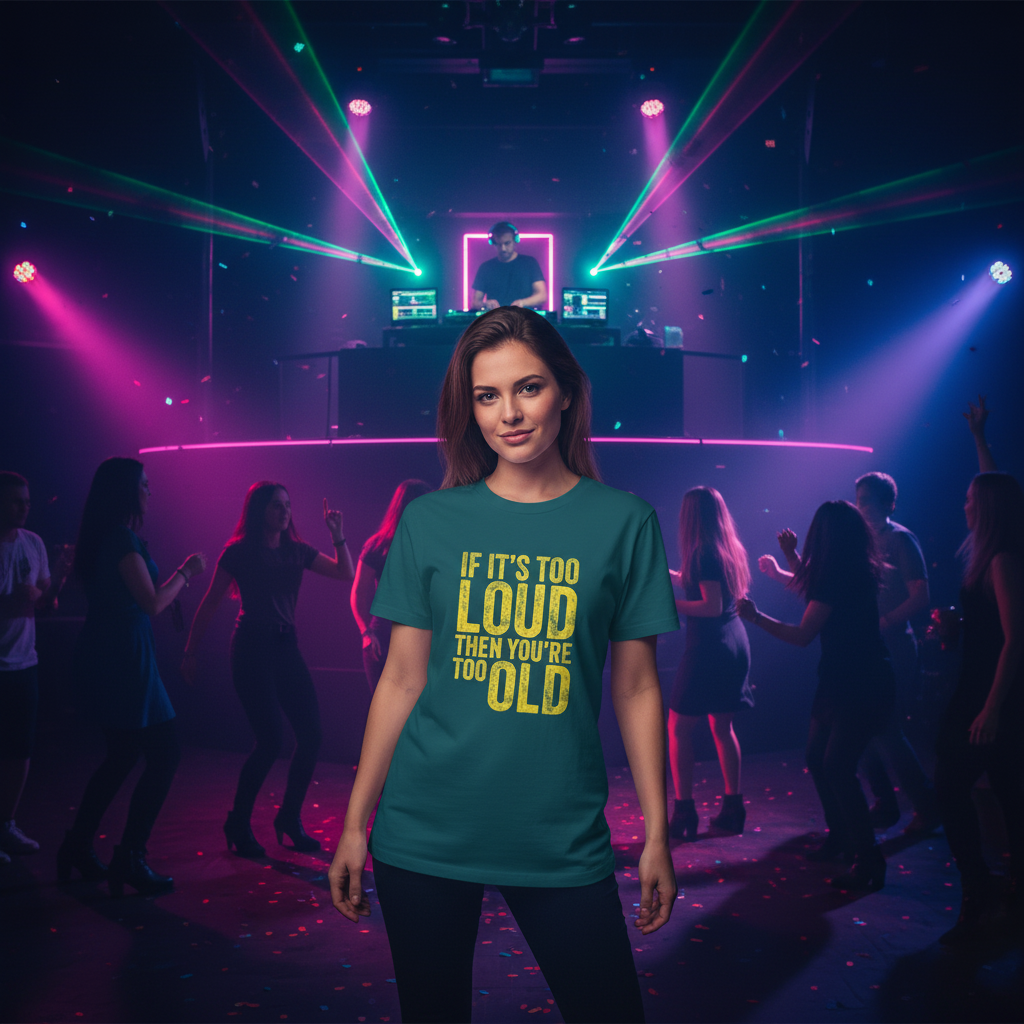 Woman wearing a t-shirt with a humorous text design in a vibrant nightclub setting.