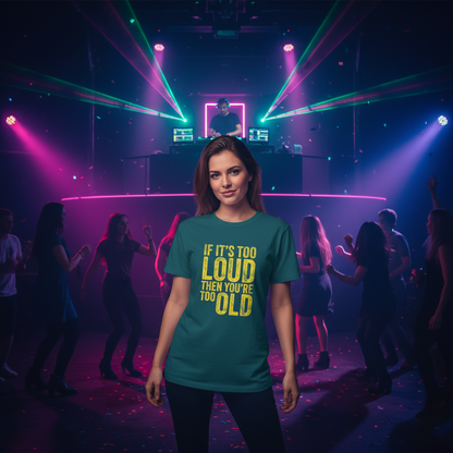 Woman wearing a t-shirt with a humorous text design in a vibrant nightclub setting.