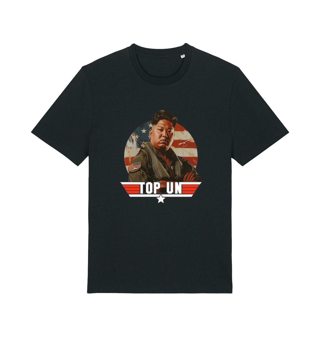 black offensive t-shirt with the graphic of a north korean leader and the slogan 'top un'