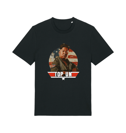 black offensive t-shirt with the graphic of a north korean leader and the slogan 'top un'