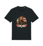 black offensive t-shirt with the graphic of a north korean leader and the slogan 'top un'