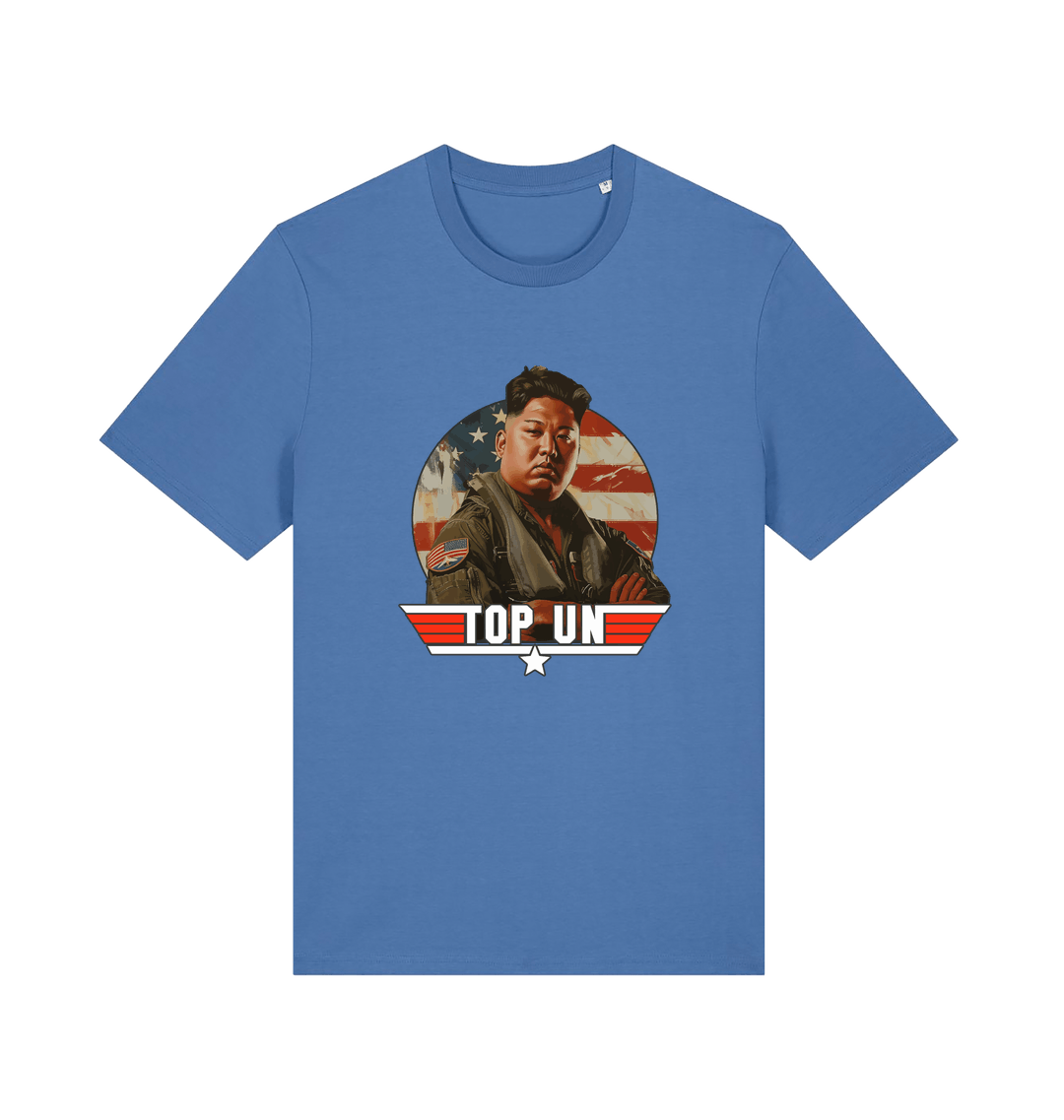 blue offensive t-shirt with the graphic of a north korean leader and the slogan 'top un'