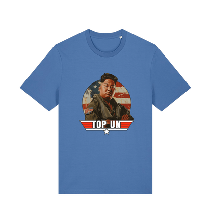 blue offensive t-shirt with the graphic of a north korean leader and the slogan 'top un'