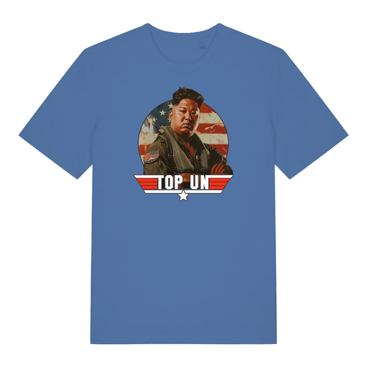 blue funny offensive t-shirt with a graphic of a person in front of an American flag and 'TOP UN' text