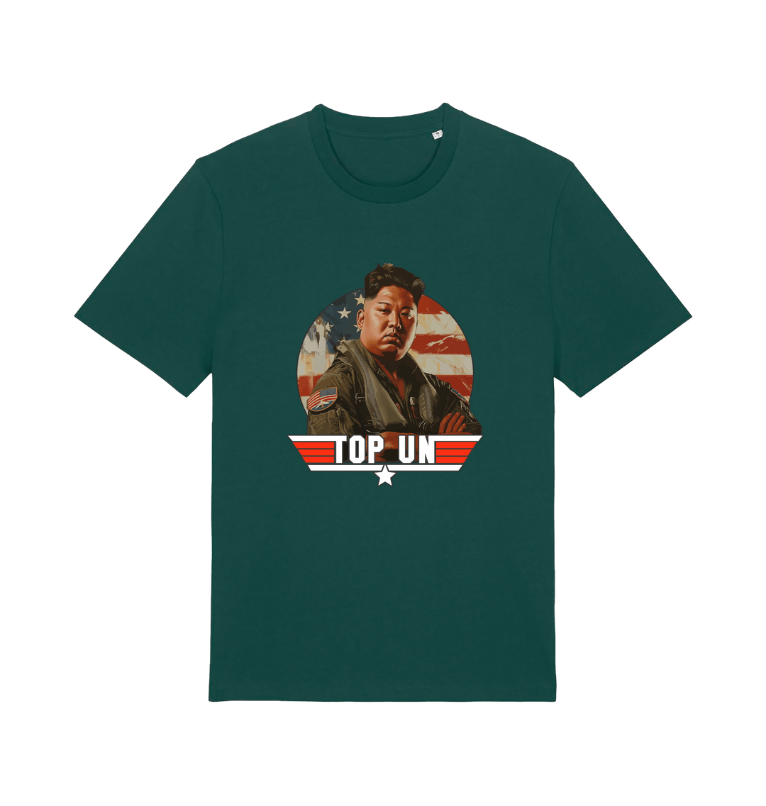 green offensive t-shirt with the graphic of a north korean leader and the slogan 'top un'