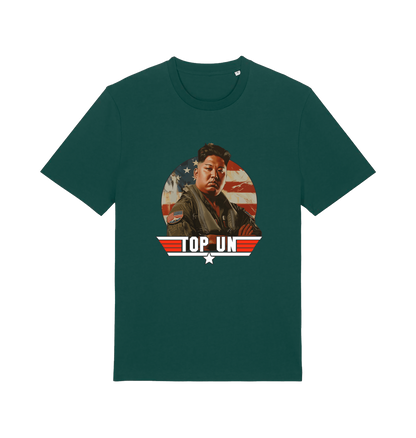 green offensive t-shirt with the graphic of a north korean leader and the slogan 'top un'