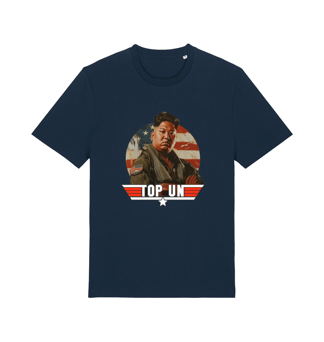 navy offensive t-shirt with the graphic of a north korean leader and the slogan 'top un'