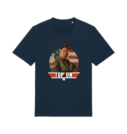 navy offensive t-shirt with the graphic of a north korean leader and the slogan 'top un'