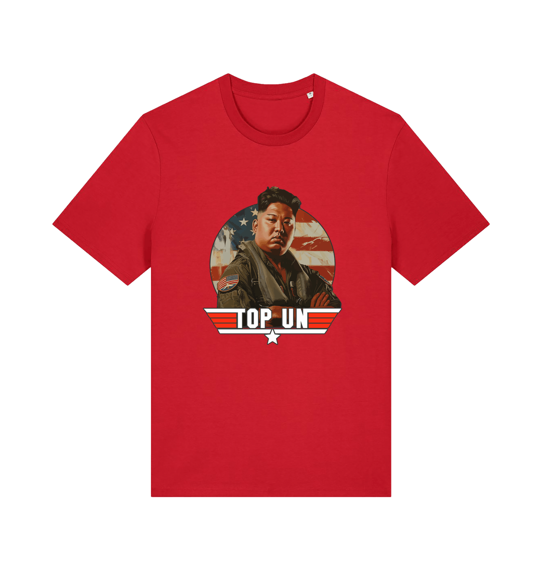 red offensive t-shirt with the graphic of a north korean leader and the slogan 'top un'