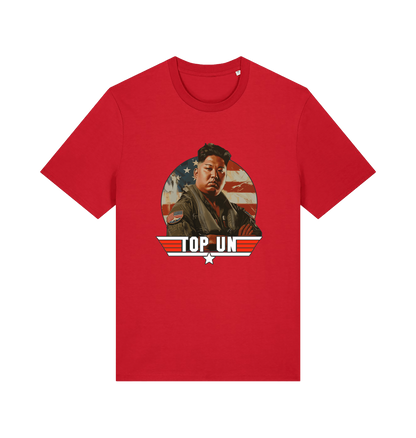 red offensive t-shirt with the graphic of a north korean leader and the slogan 'top un'