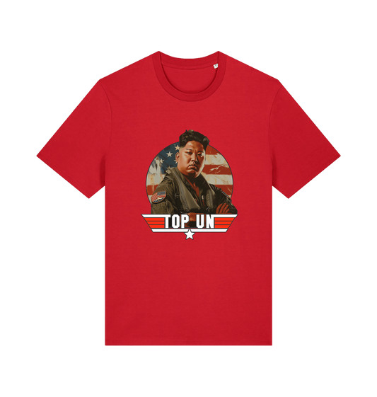 red offensive t-shirt with the graphic of a north korean leader and the slogan 'top un'