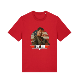 red offensive t-shirt with the graphic of a north korean leader and the slogan 'top un'