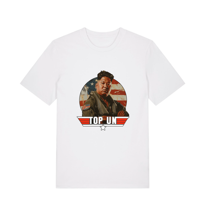 white offensive t-shirt with the graphic of a north korean leader and the slogan 'top un'