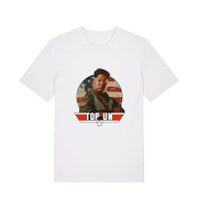 white offensive t-shirt with the graphic of a north korean leader and the slogan 'top un'