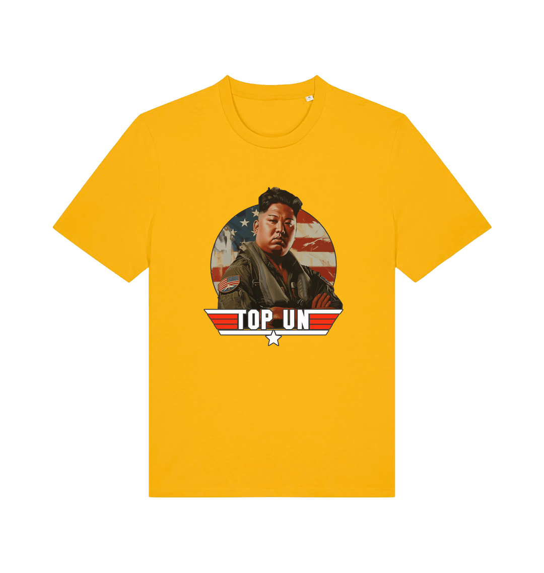 yellow offensive t-shirt with the graphic of a north korean leader and the slogan 'top un'