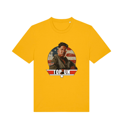 yellow offensive t-shirt with the graphic of a north korean leader and the slogan 'top un'
