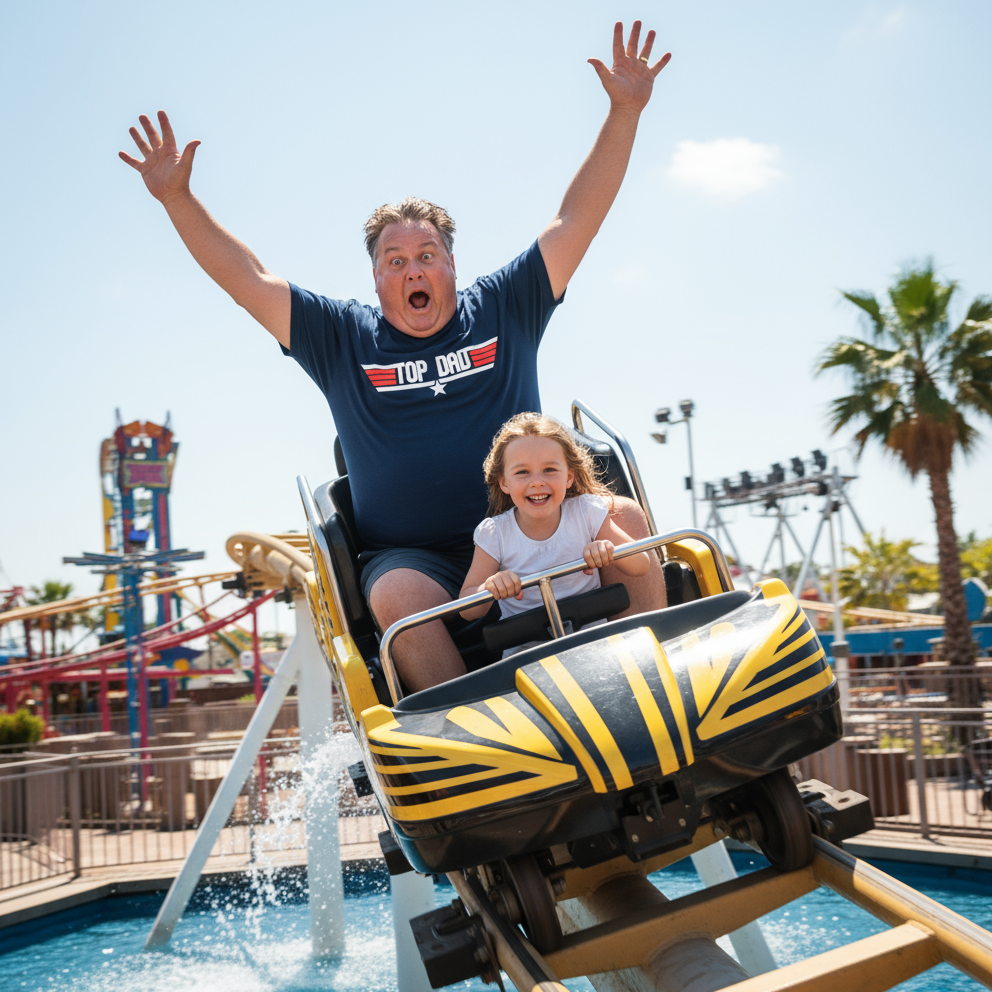 Man and child on a water coaster with arms raised, surrounded by amusement park rides and palm trees.