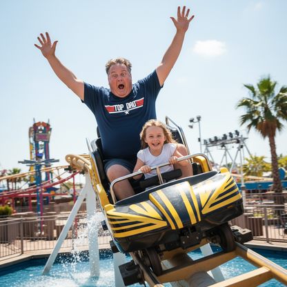 Man and child on a water coaster with arms raised, surrounded by amusement park rides and palm trees.