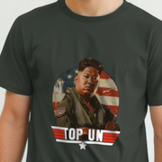 Black funny parody t-shirt with a graphic of a Kim Jong in a top gun pilot uniform and 'TOP UN' text on a white background