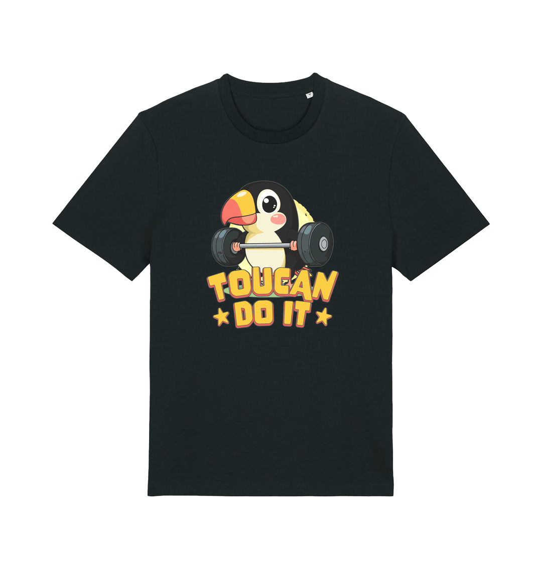 black kawaii t-shirt with the graphic of a toucan holding a barbell and the slogan 'toucan do it'
