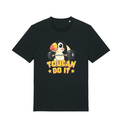 black kawaii t-shirt with the graphic of a toucan holding a barbell and the slogan 'toucan do it'