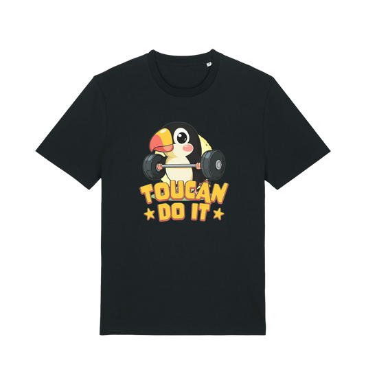 black kawaii t-shirt with the graphic of a toucan holding a barbell and the slogan 'toucan do it'
