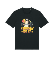 black kawaii t-shirt with the graphic of a toucan holding a barbell and the slogan 'toucan do it'