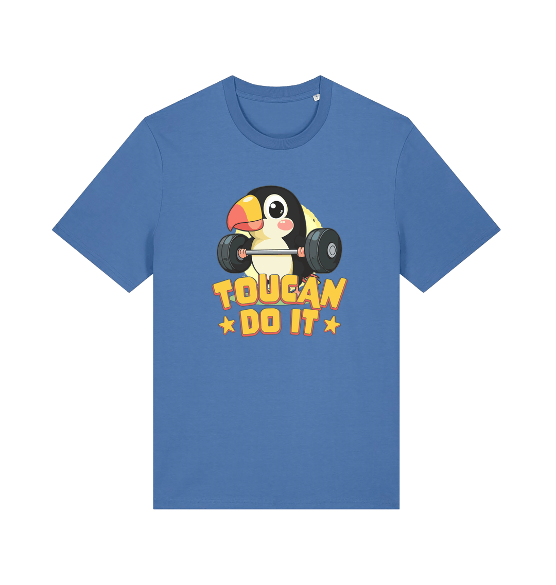 blue kawaii t-shirt with the graphic of a toucan holding a barbell and the slogan 'toucan do it'