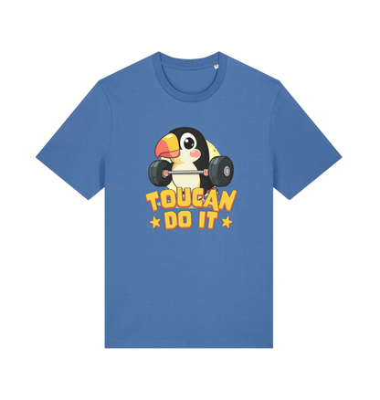 blue kawaii t-shirt with the graphic of a toucan holding a barbell and the slogan 'toucan do it'