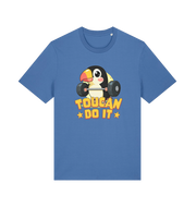 blue kawaii t-shirt with the graphic of a toucan holding a barbell and the slogan 'toucan do it'