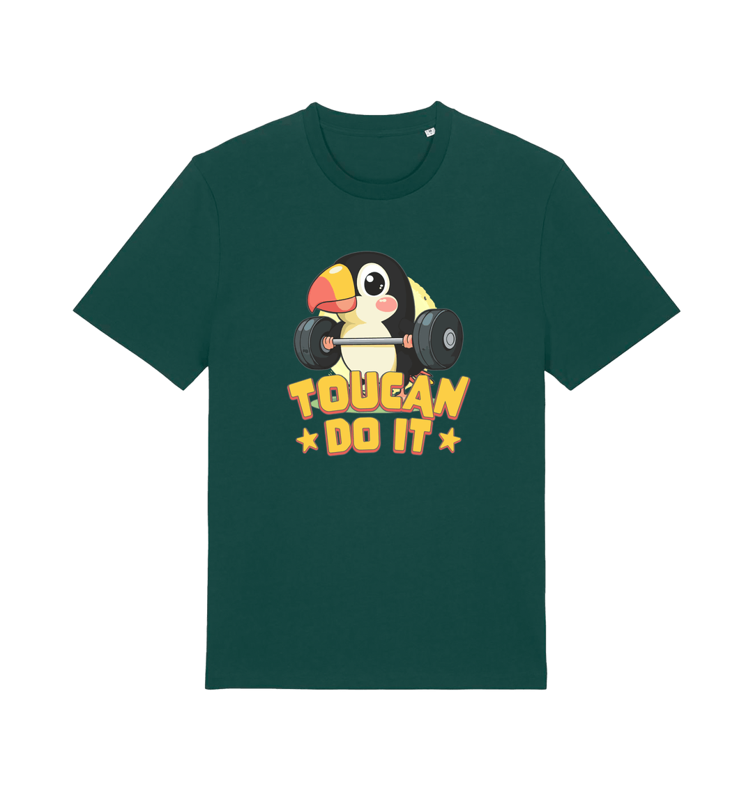 green kawaii t-shirt with the graphic of a toucan holding a barbell and the slogan 'toucan do it'