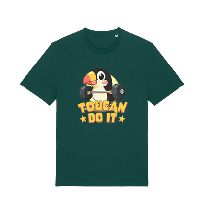 green kawaii t-shirt with the graphic of a toucan holding a barbell and the slogan 'toucan do it'