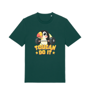 green kawaii t-shirt with the graphic of a toucan holding a barbell and the slogan 'toucan do it'