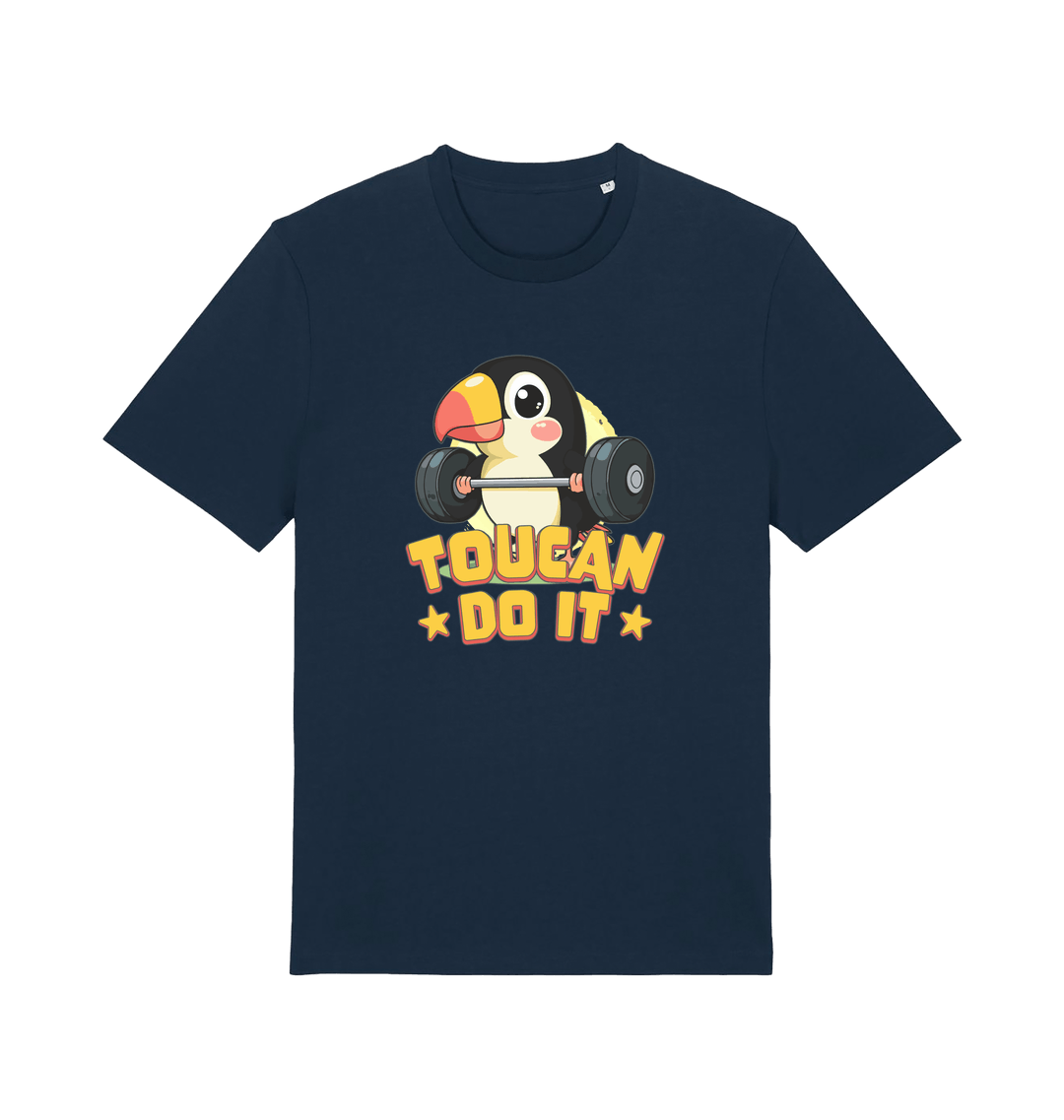 navy kawaii t-shirt with the graphic of a toucan holding a barbell and the slogan 'toucan do it'