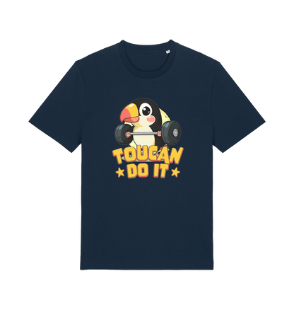 navy kawaii t-shirt with the graphic of a toucan holding a barbell and the slogan 'toucan do it'