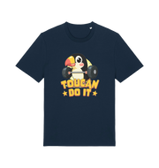 navy kawaii t-shirt with the graphic of a toucan holding a barbell and the slogan 'toucan do it'