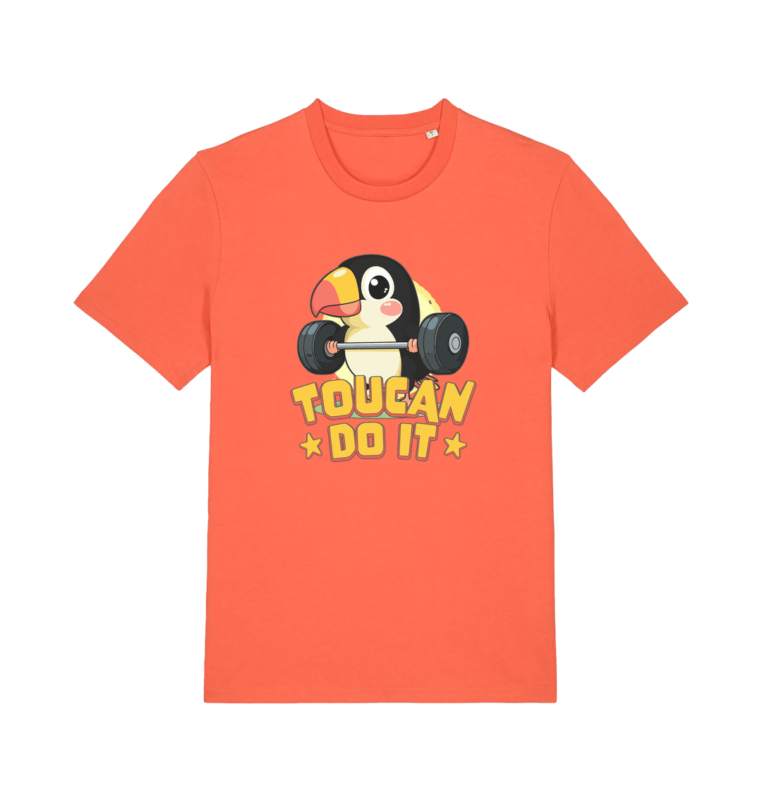 orange kawaii t-shirt with the graphic of a toucan holding a barbell and the slogan 'toucan do it'