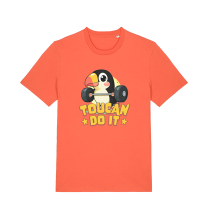orange kawaii t-shirt with the graphic of a toucan holding a barbell and the slogan 'toucan do it'