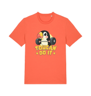 orange kawaii t-shirt with the graphic of a toucan holding a barbell and the slogan 'toucan do it'