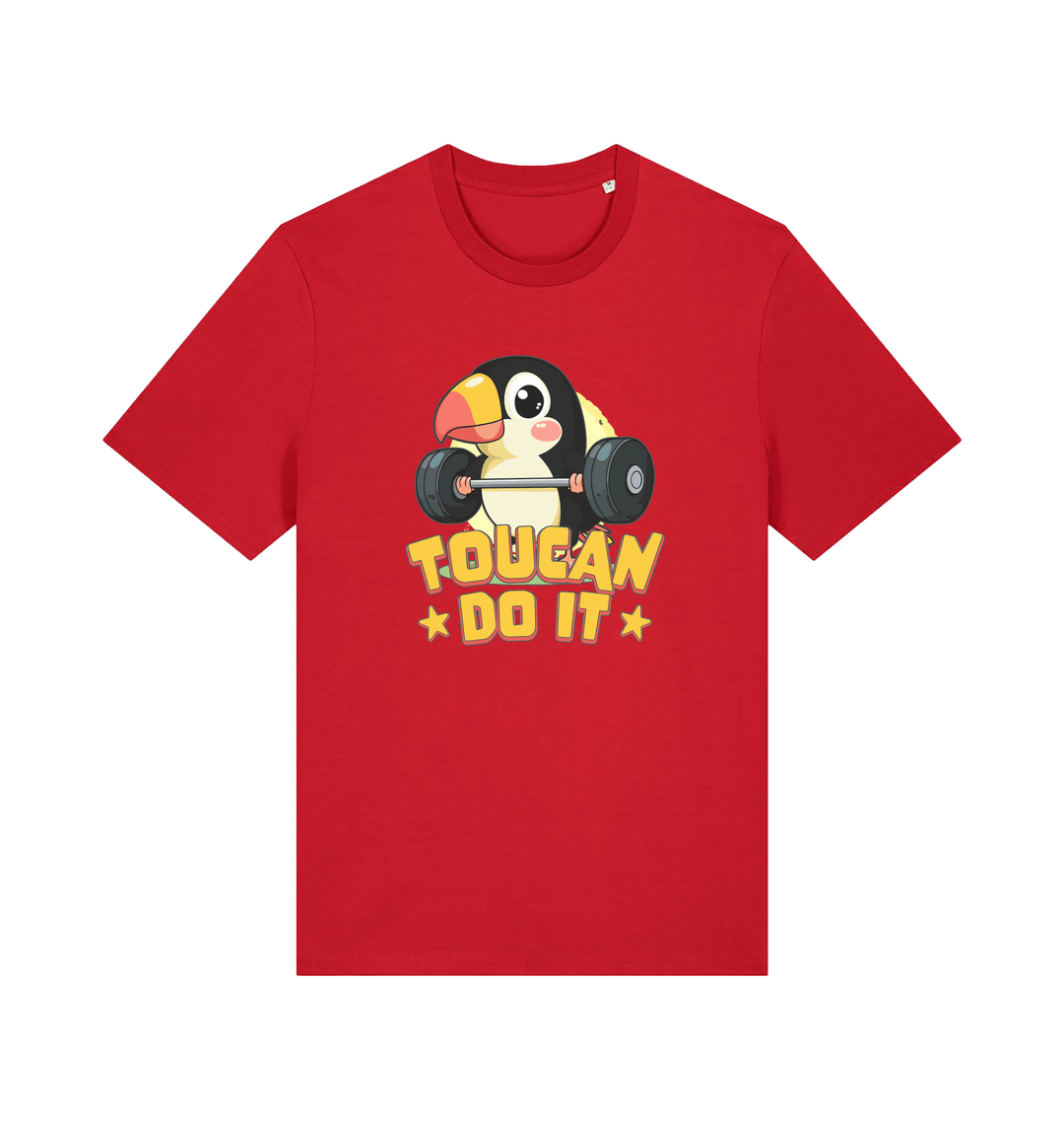 red kawaii t-shirt with the graphic of a toucan holding a barbell and the slogan 'toucan do it'