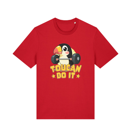 red kawaii t-shirt with the graphic of a toucan holding a barbell and the slogan 'toucan do it'