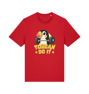 red kawaii t-shirt with the graphic of a toucan holding a barbell and the slogan 'toucan do it'