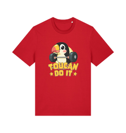 red kawaii t-shirt with the graphic of a toucan holding a barbell and the slogan 'toucan do it'