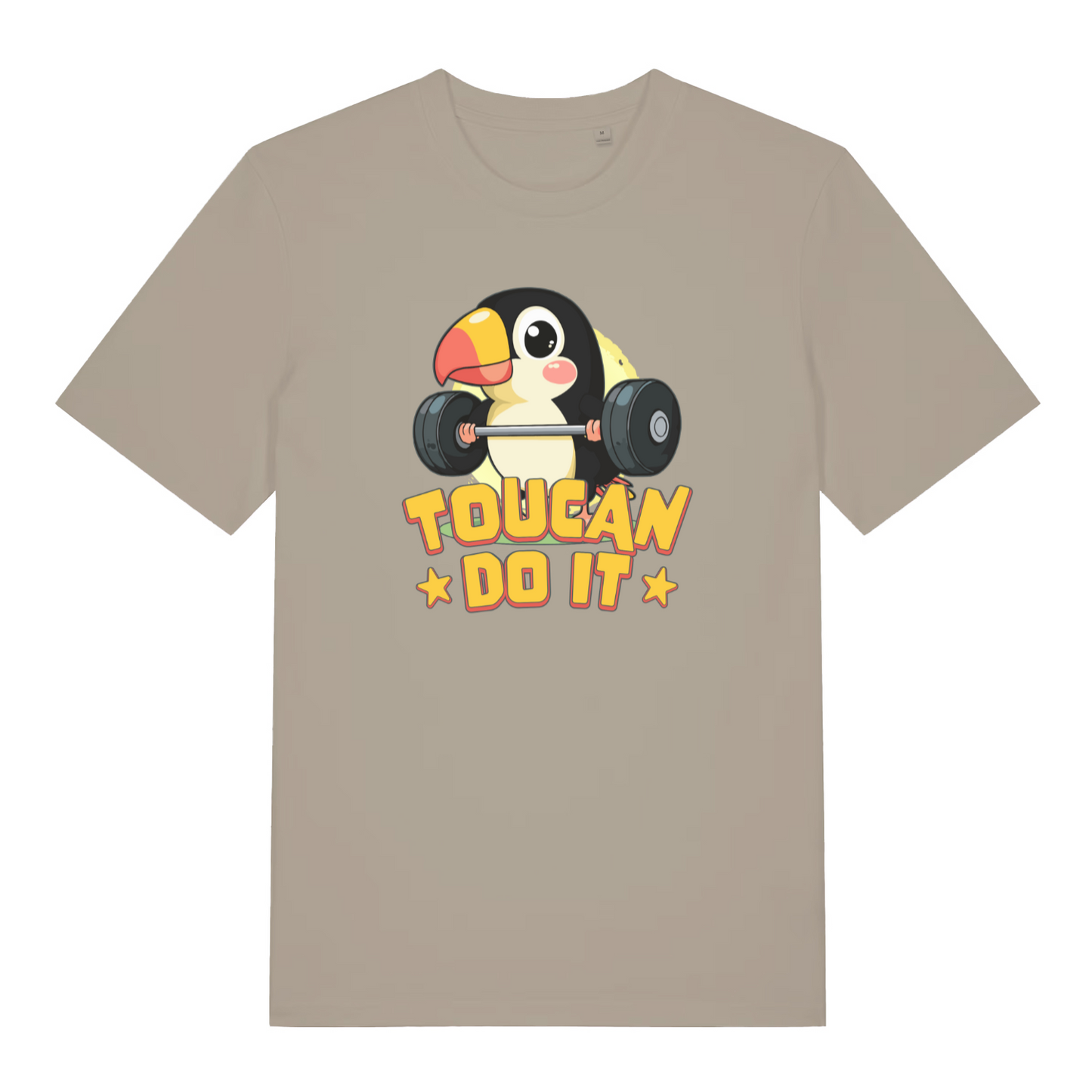stone kawaii t-shirt with the graphic of a toucan lifting a dumbbell and the slogan 'toucan do it'